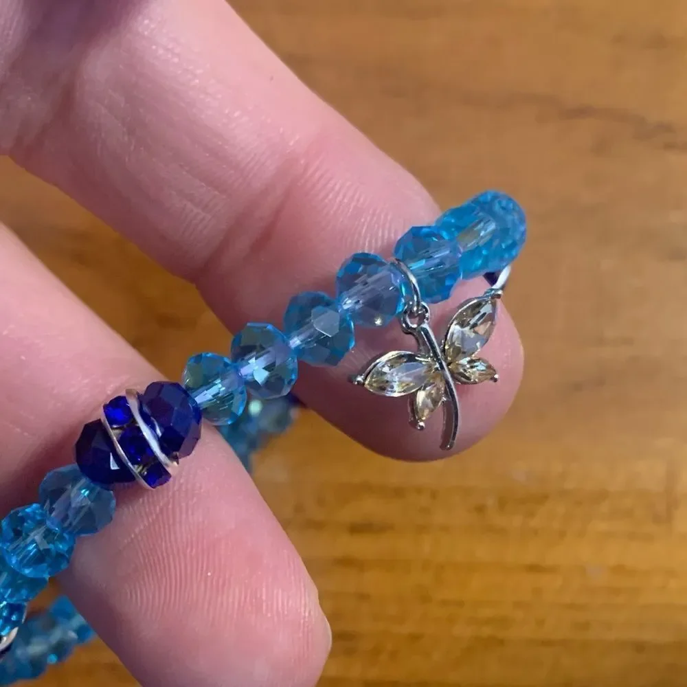 Handmade blue beaded stretch bracelet butterfly charm